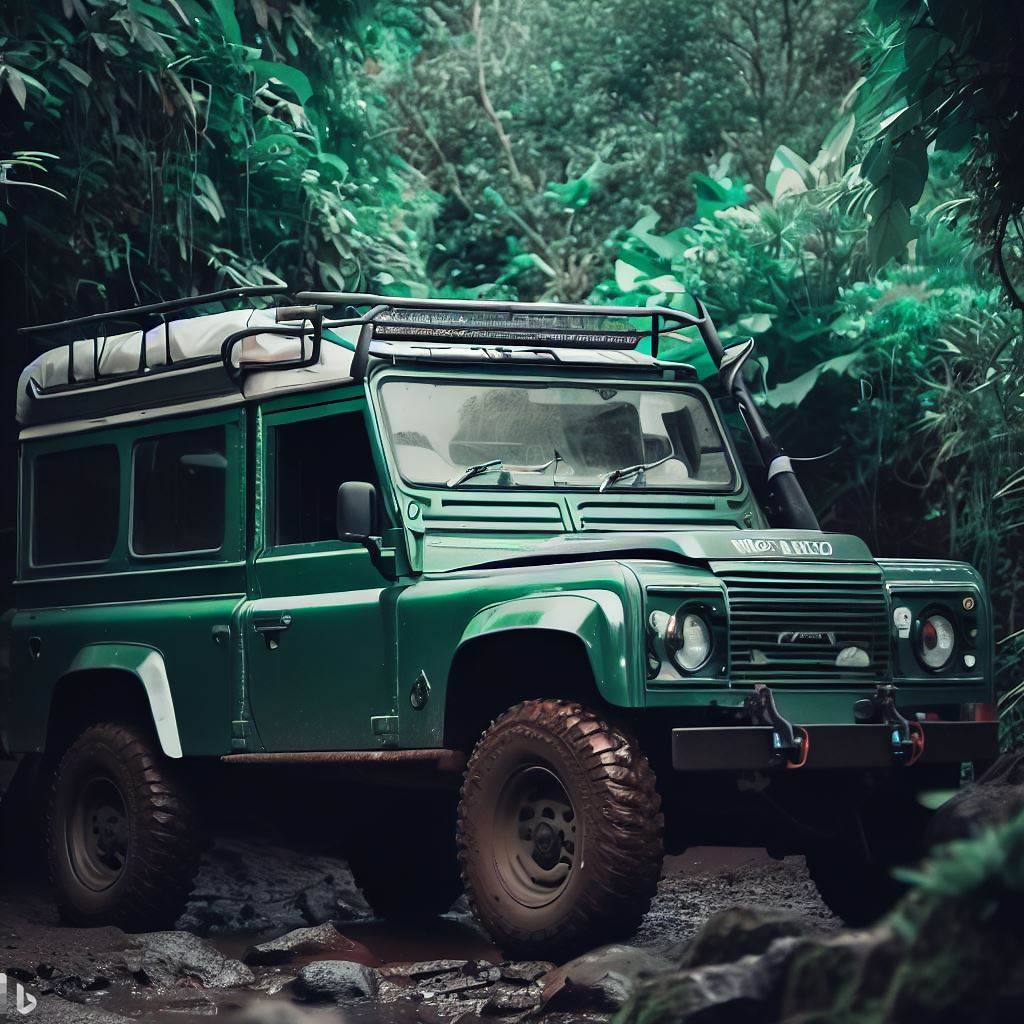 Grüner Land Rover Defender im Dschungel