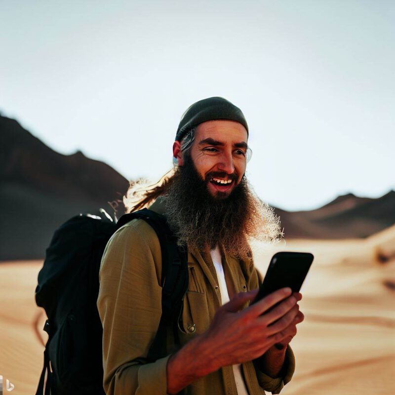 Bärtiger Mann mit Smartphone in der Wüste